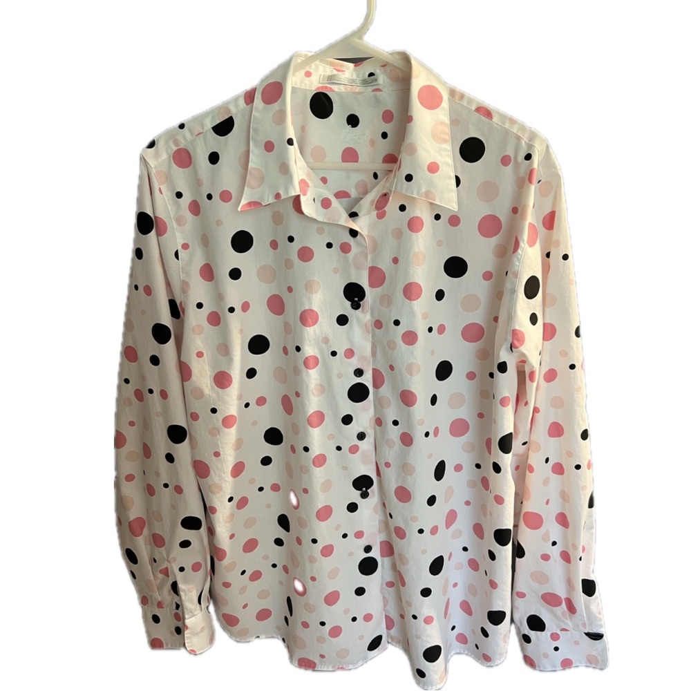 Foxcroft White Blouse with Pink and Black Polka Dots